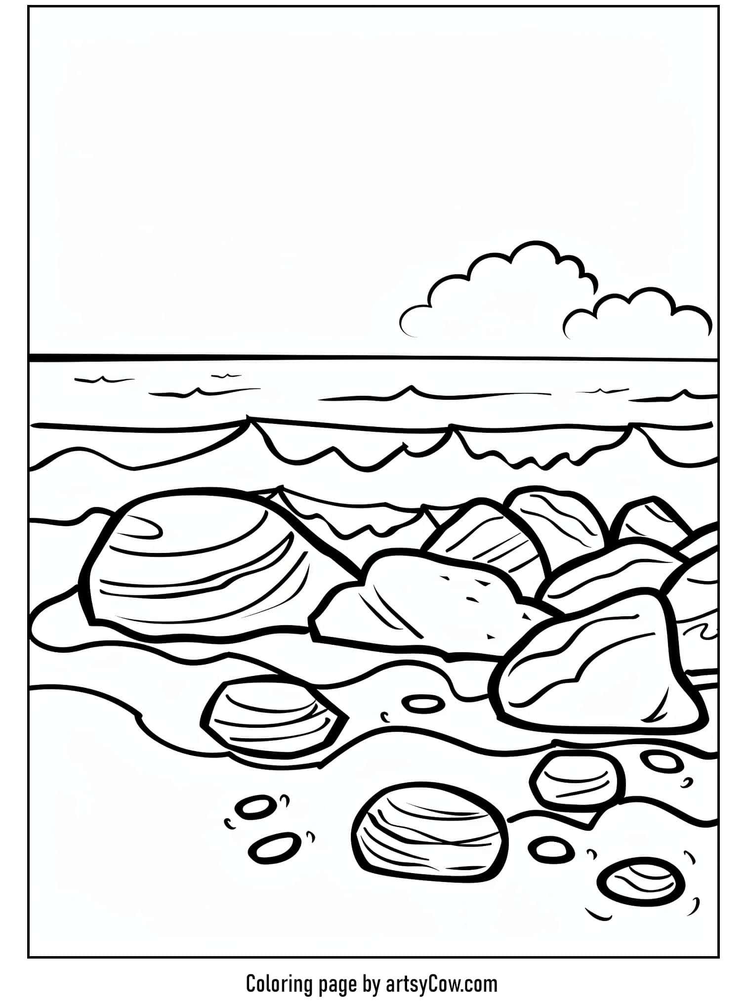 a serene rocky beach with gentle waves and a cloudy sky